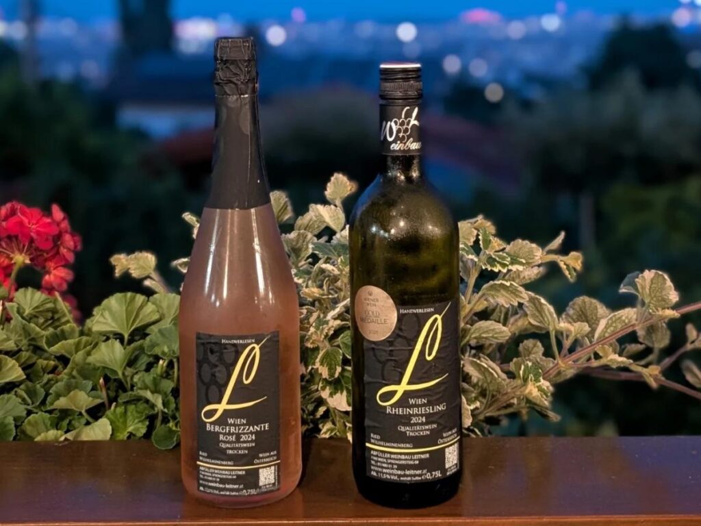 Outdoor tables under chestnut trees at a traditional Heuriger wine tavern in Grinzing