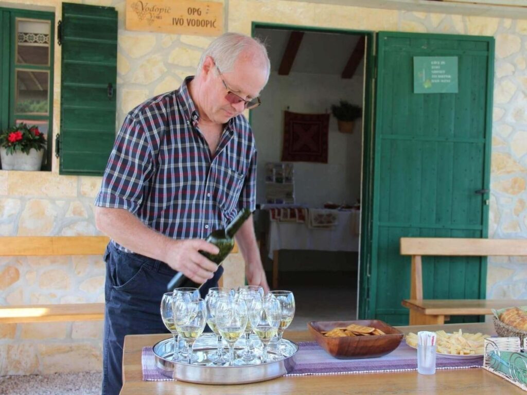 Rolling Konavle countryside with olive groves, vineyards and a traditional stone farmhouse under blue sky
