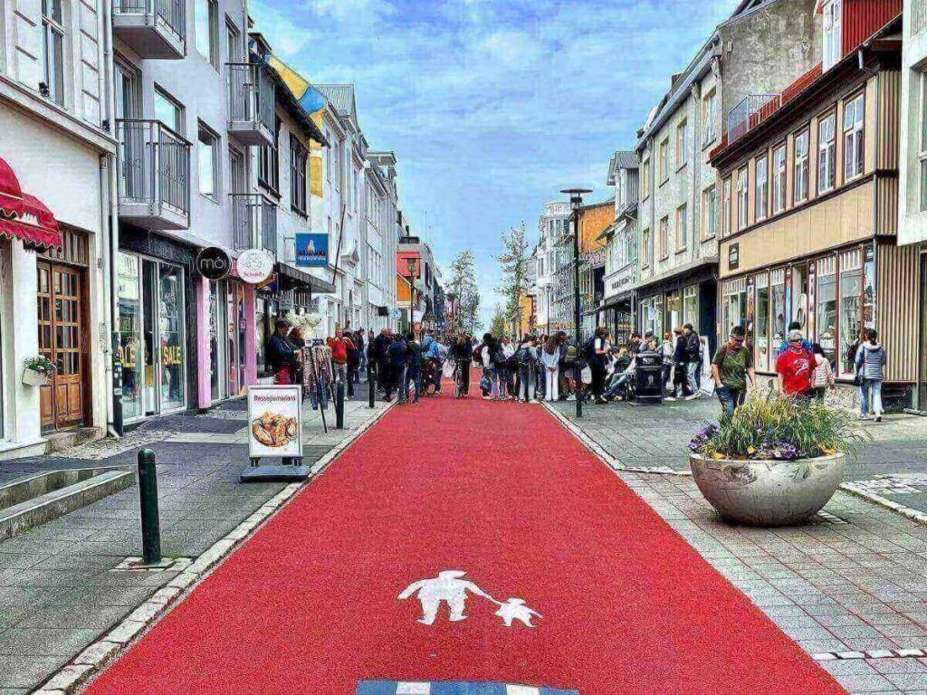 Shops, cafés, and street art along Laugavegur, Reykjavík’s main shopping street