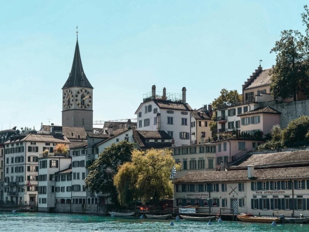 The Limmat River flowing past Zurich’s Old Town in early morning calm