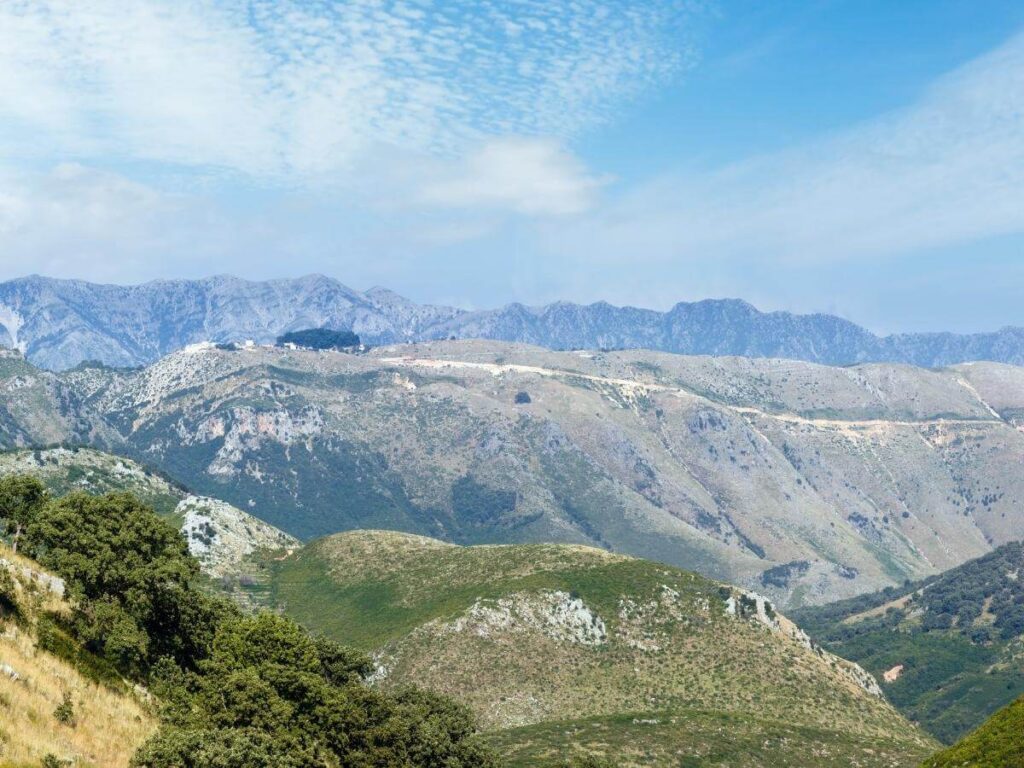 Panoramic view from Llogara Pass looking down to the pine-covered slopes and open sea beyond
