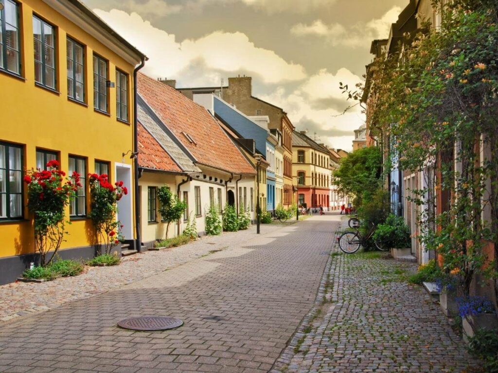 Colorful old town streets of Malmö, Sweden, near Copenhagen.