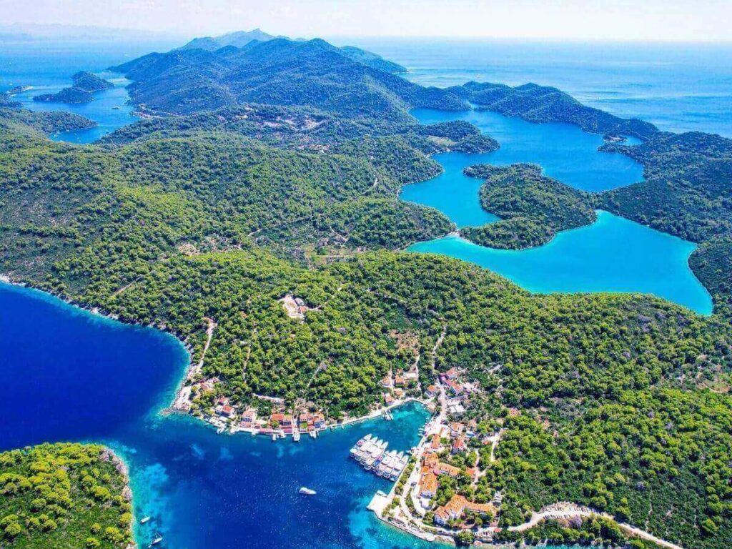 Aerial view of Mljet Island showing dense pine forests, turquoise coves, and the Adriatic Sea.