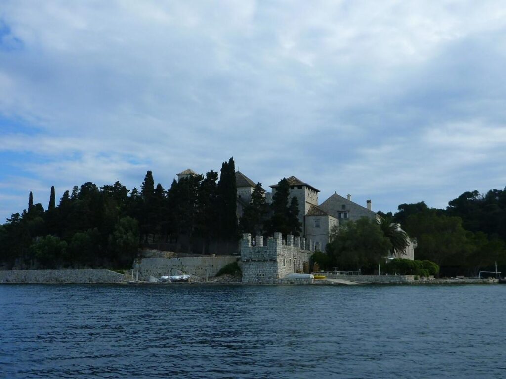 St Mary’s Benedictine monastery on the islet in Veliko Jezero, viewed from the lakeshore