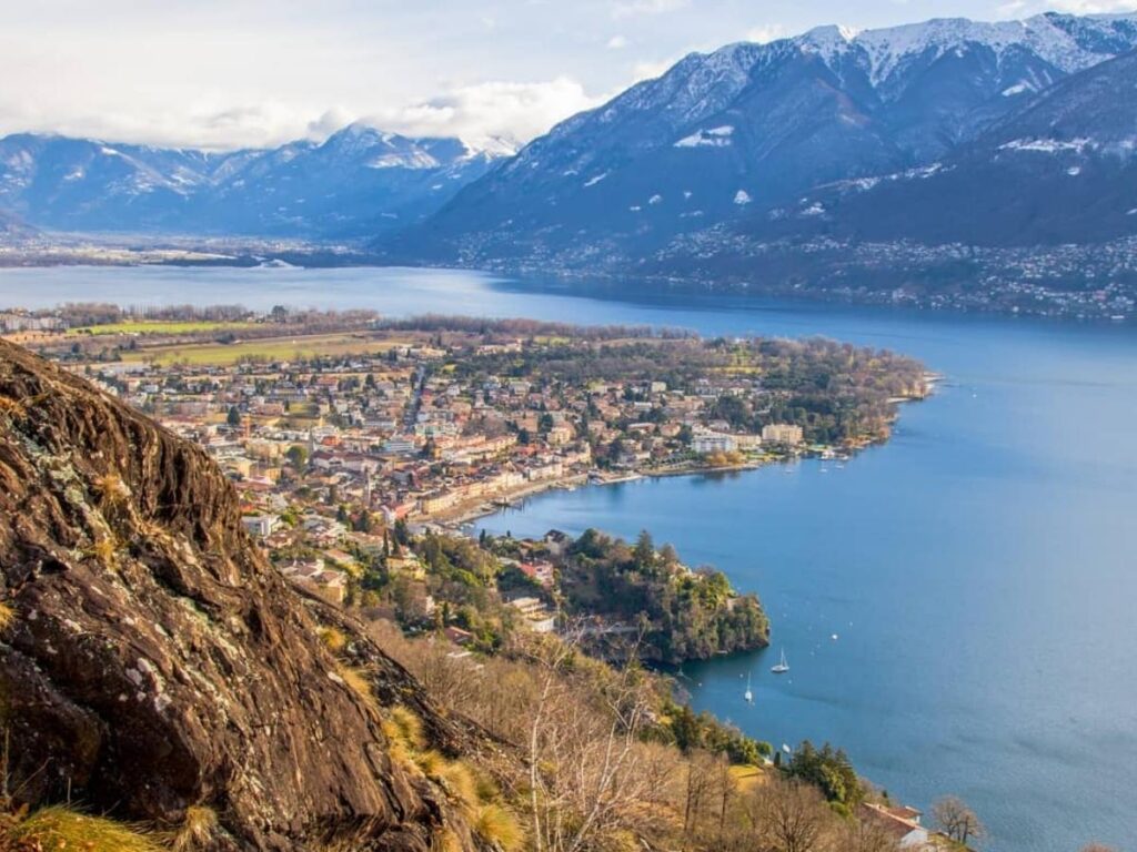 Panoramic view of Ascona and Lake Maggiore from the Monte Verità gardens