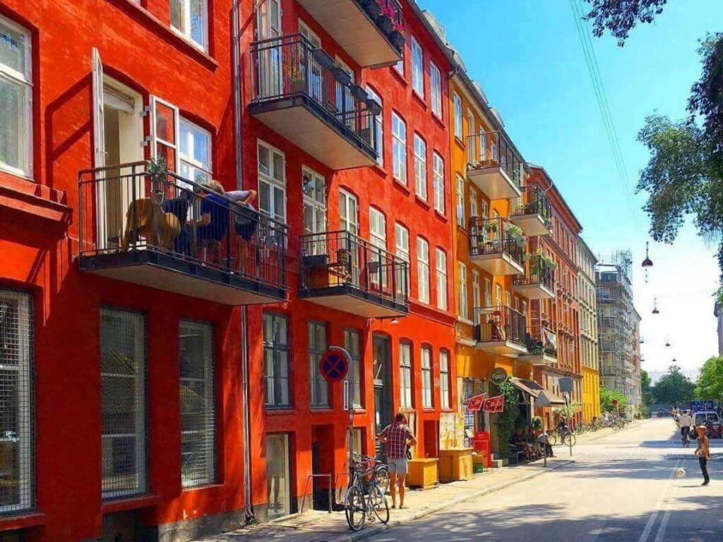 Street view of Jægersborggade with cafés and vintage stores in Nørrebro, Copenhagen