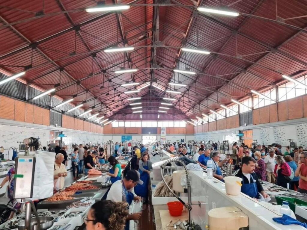 Fish stalls and glistening sardines at Mercado de Olhão, Olhão, Portugal