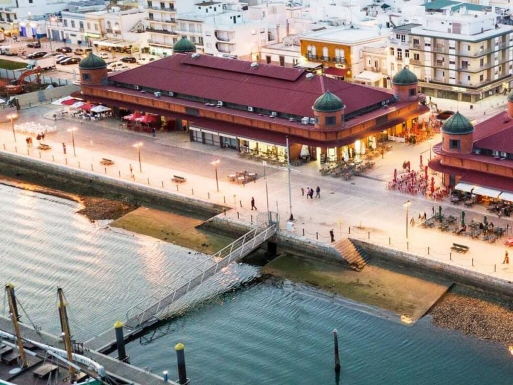 View from the Mercado rooftop over the Ria Formosa and Olhão harbor, Olhão, Portugal.