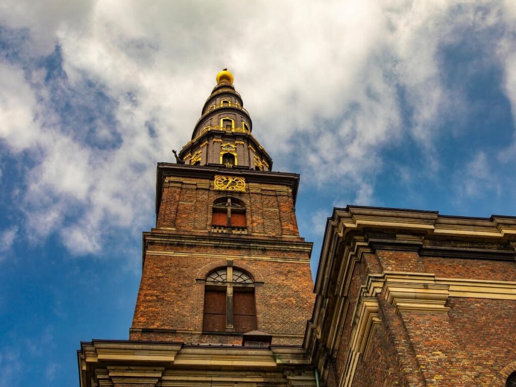 View from Our Saviour’s Church spiral tower overlooking Christianshavn canals in Copenhagen.
