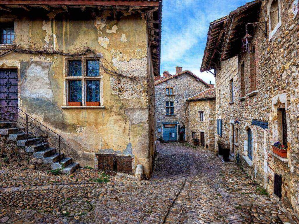Stone lanes and medieval houses in the village of Pérouges near Lyon