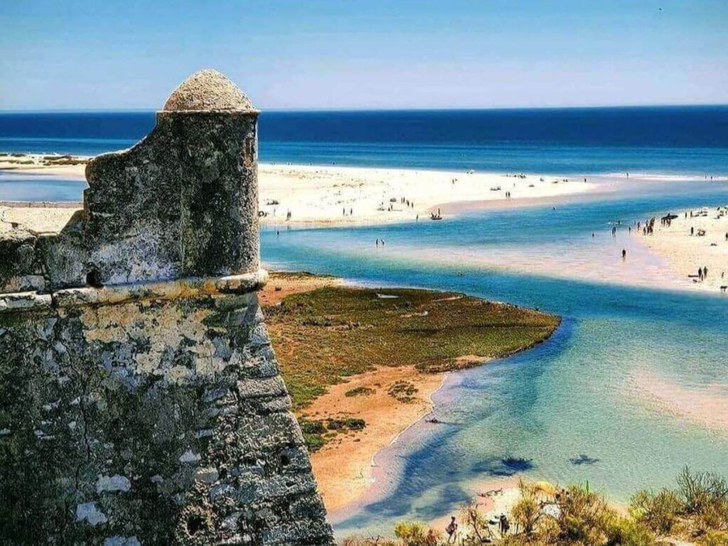View from the churchyard of Cacela Velha overlooking sandbanks and the lagoon, Ria Formosa.