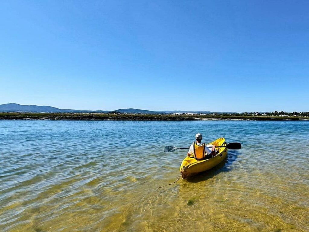 Kayaker paddling through a calm channel lined with reeds and birds at dawn, Ria Formosa