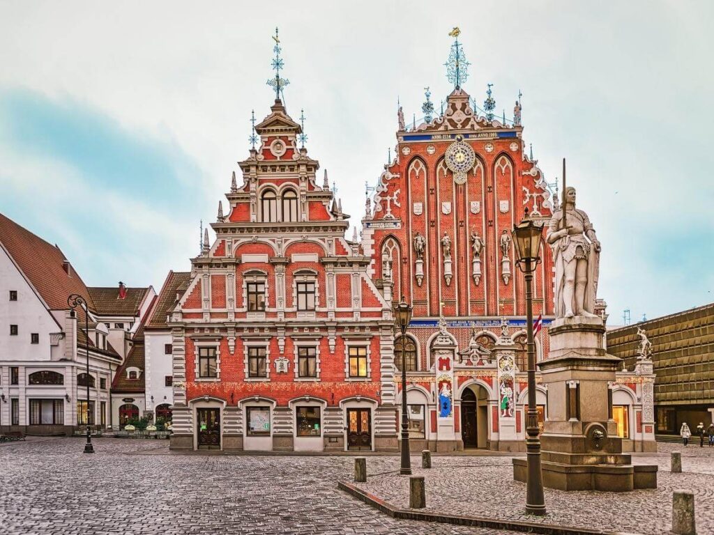 House of the Blackheads and Town Hall Square in Riga on a clear day