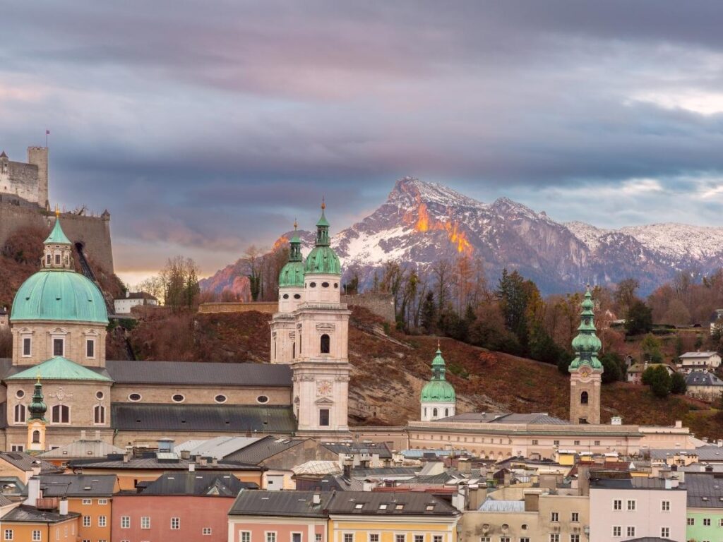 Bright interior of Salzburg Cathedral with white columns and high arches