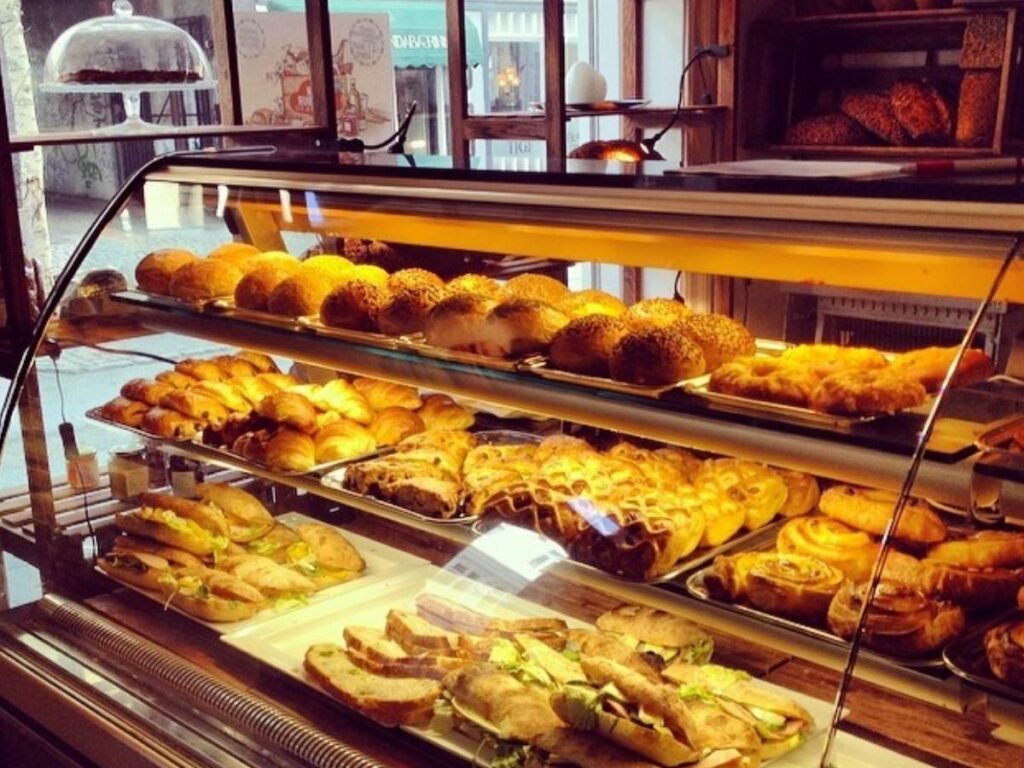 Fresh pastries and coffee inside Sandholt Bakery on Laugavegur in Reykjavík