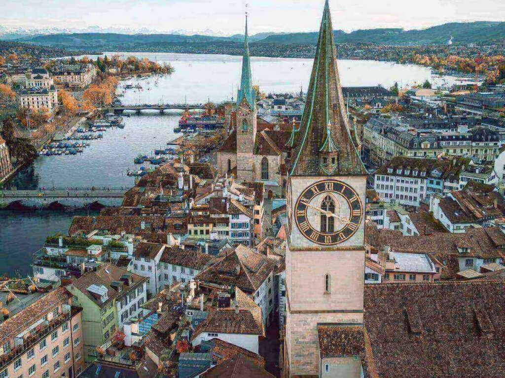 Zurich’s St. Peter Church clock tower with large clock face