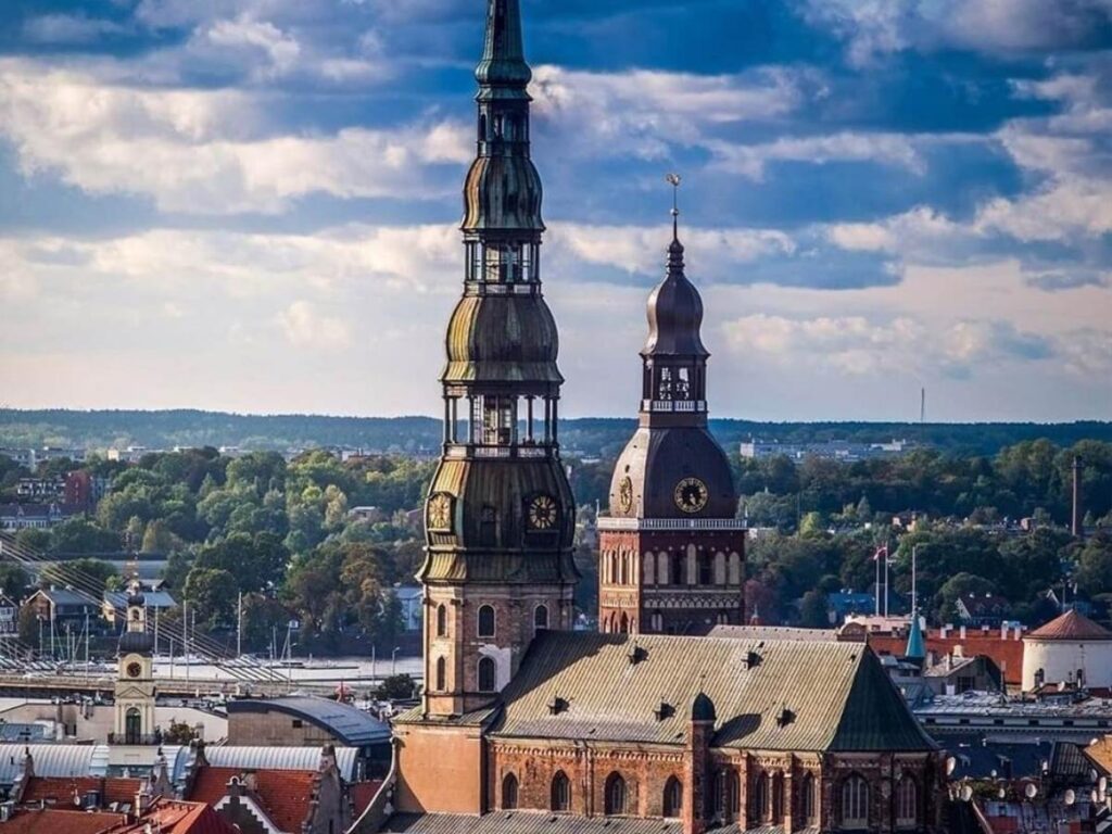 view over Riga’s terracotta rooftops from St. Peter’s Church tower