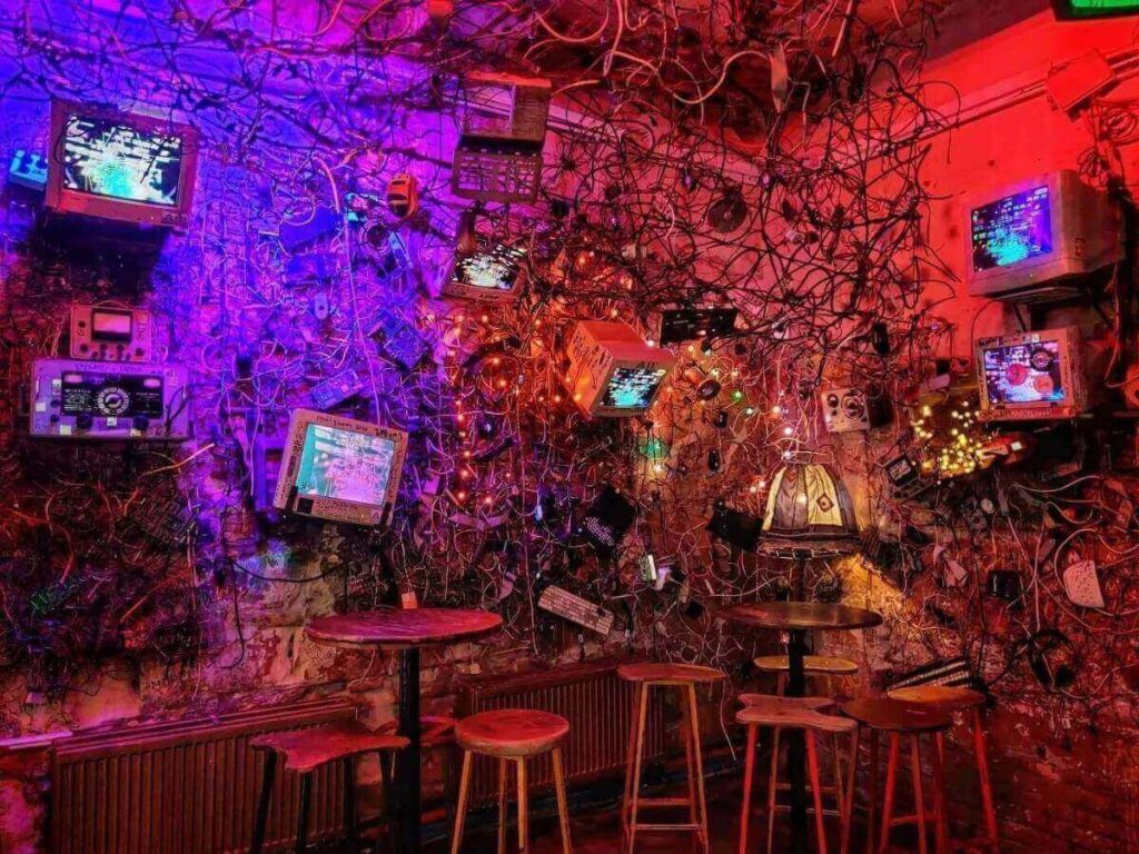 Colorful and eclectic interior of Szimpla Kert, Budapest’s most famous ruin bar
