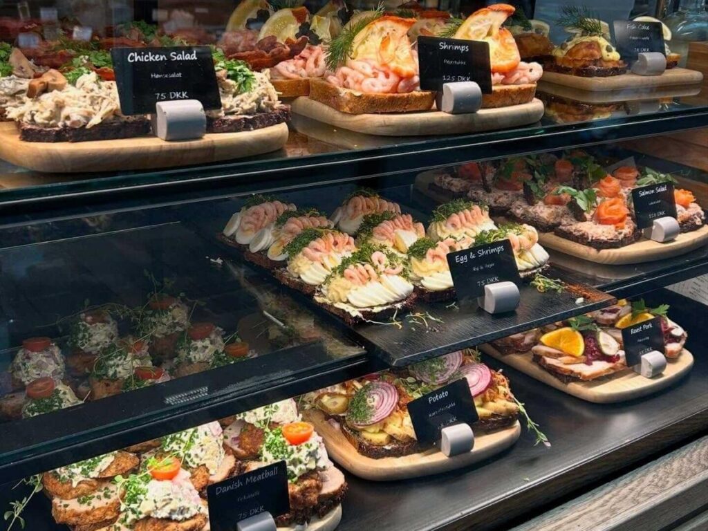 Danish smørrebrød and pastries served at Torvehallerne Market in Copenhagen