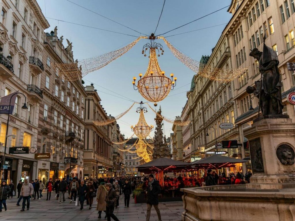 People strolling along Graben with ornate shopfronts and historic architecture.