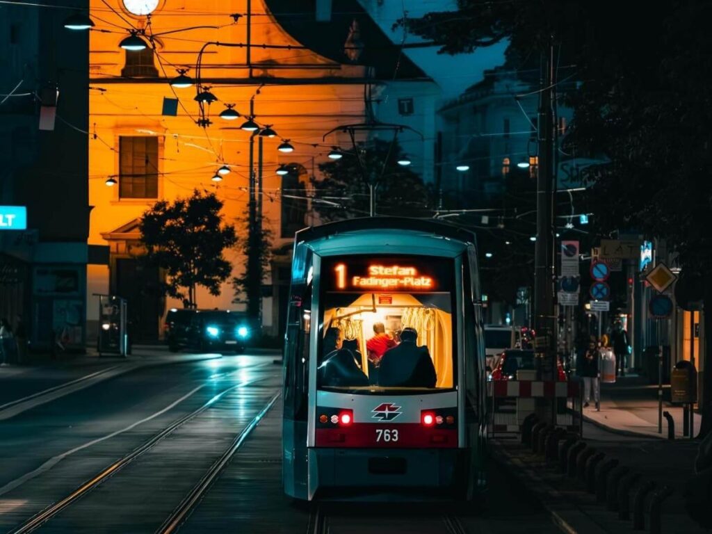 Yellow tram pulling into a stop in Vienna’s old town with morning light and cobblestones