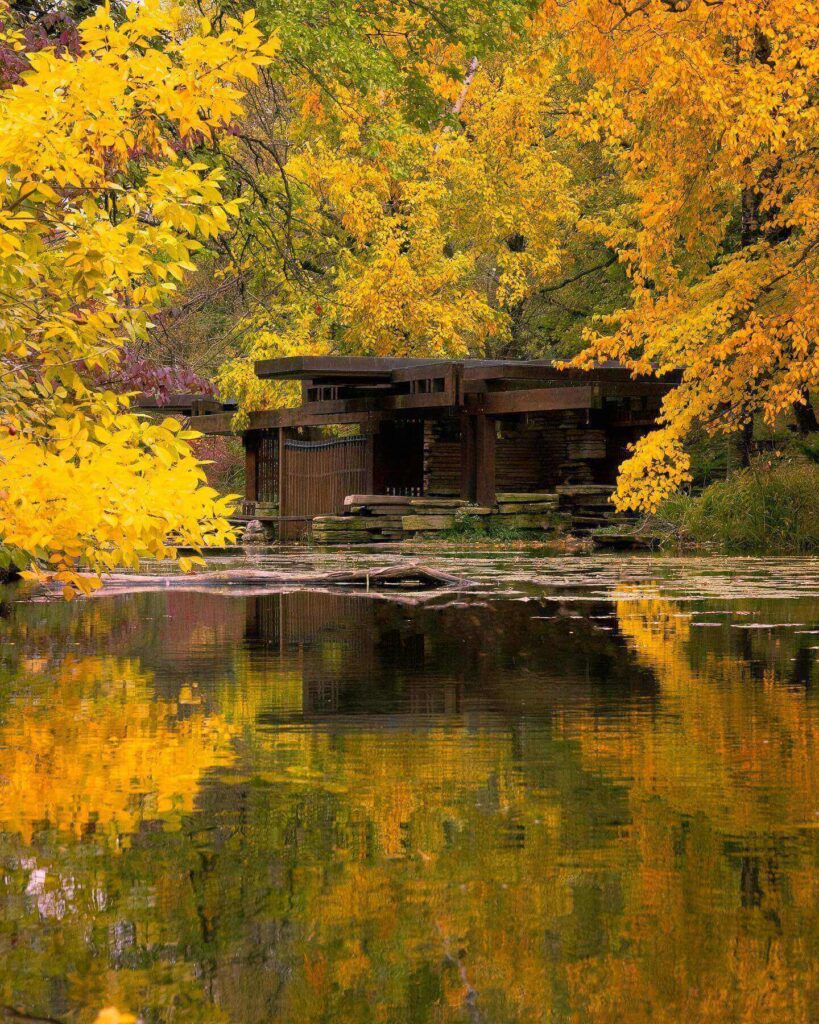 Lily Pool garden with stone bridge in Lincoln Park Chicago
