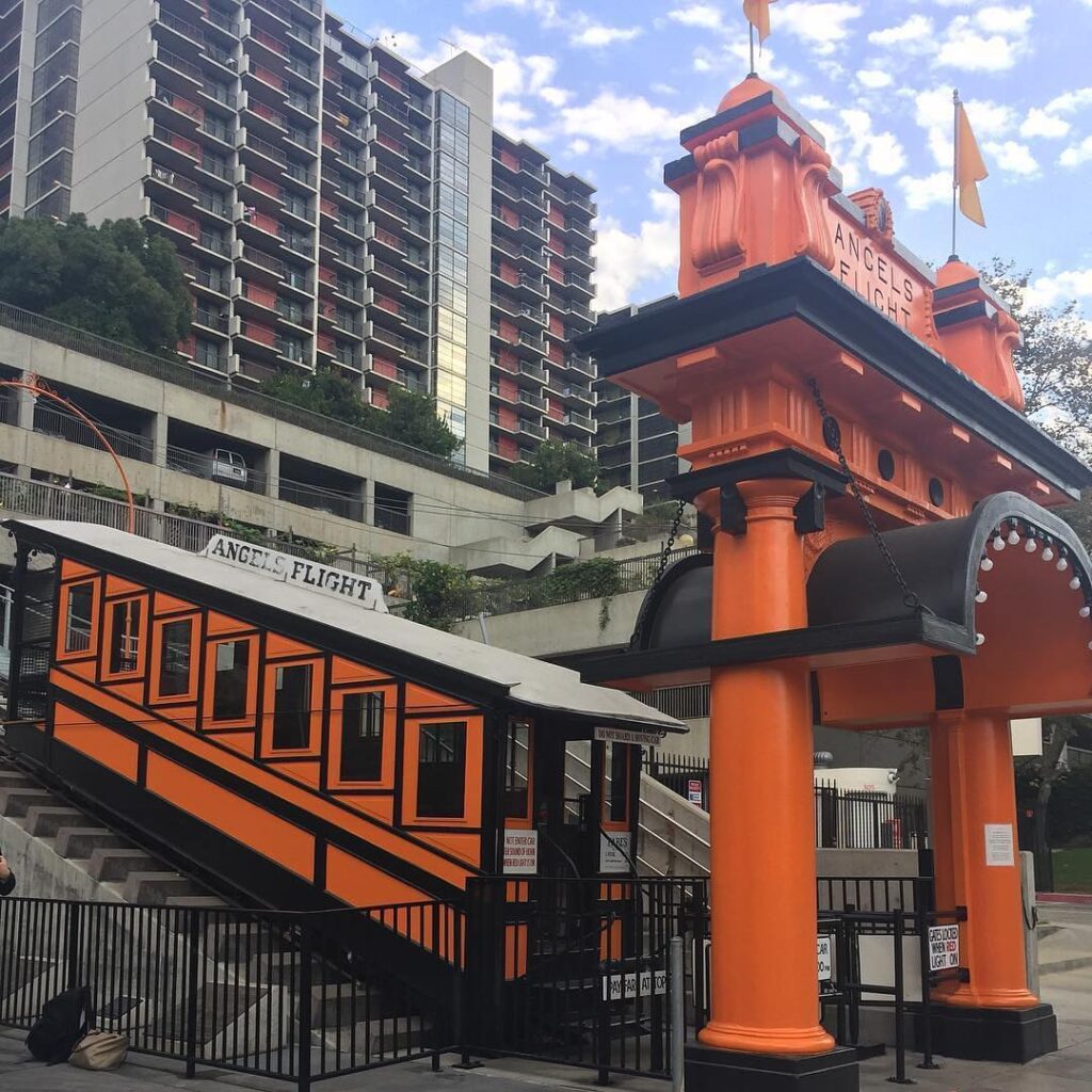 Orange Angel's Flight Railway funicular climbing Bunker Hill in Downtown Los Angeles