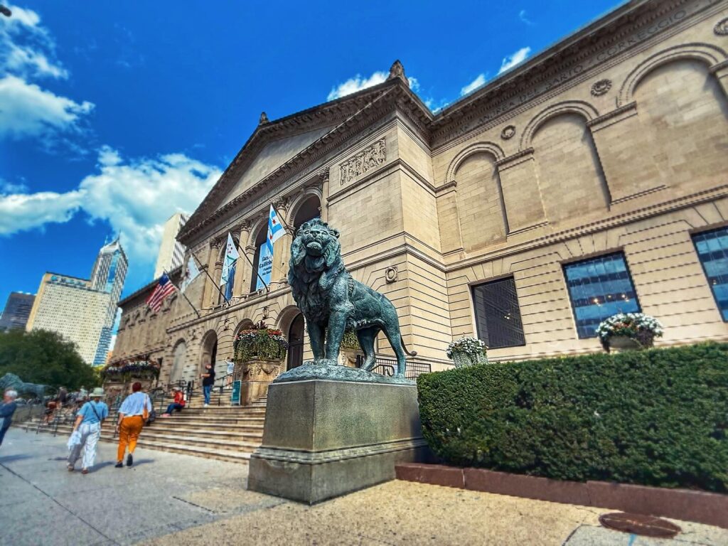 Bronze lion statue outside the Art Institute of Chicago on Michigan Avenue