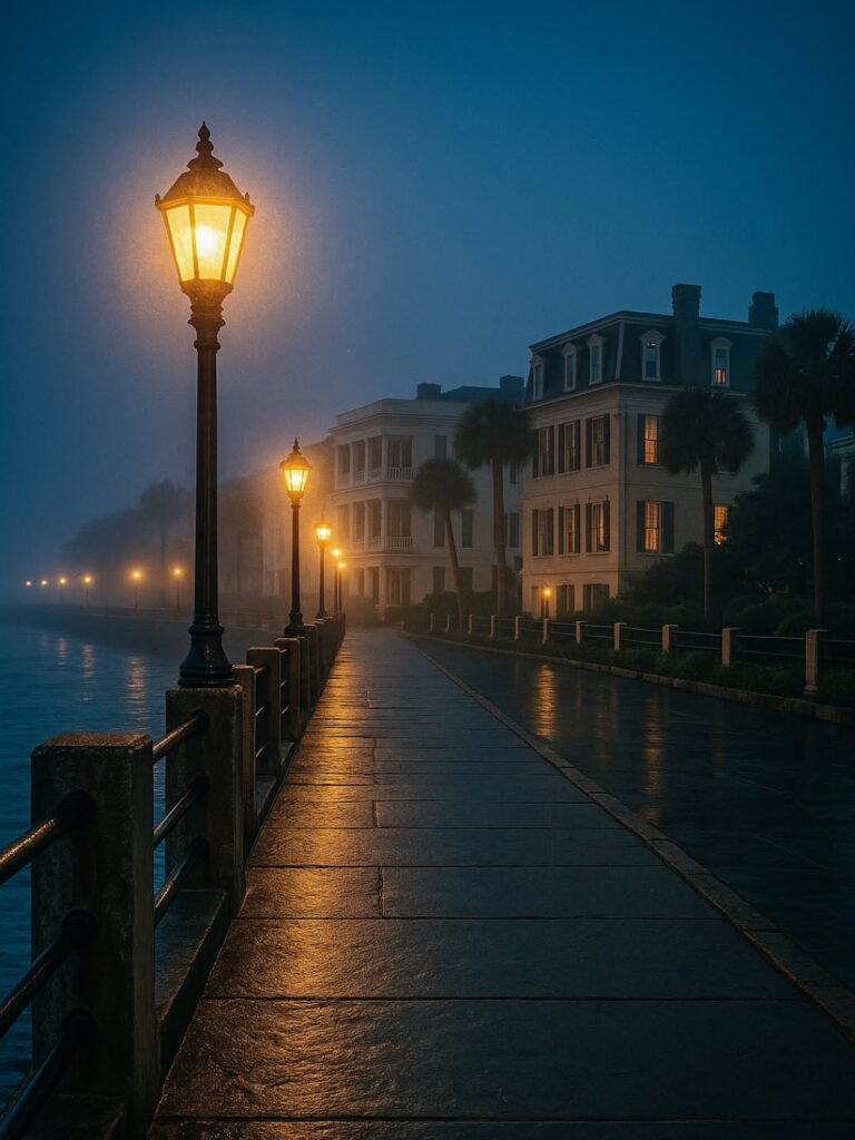 Historic mansions along the Battery promenade overlooking Charleston Harbor