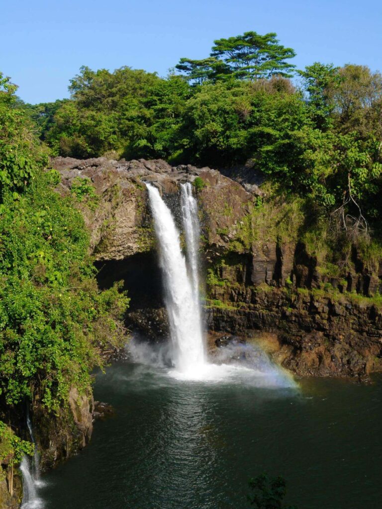 Akaka Falls surrounded by lush tropical rainforest during spring on the Big Island