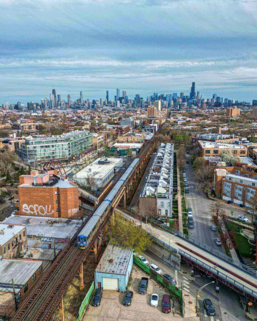 Elevated Bloomingdale Trail known as the 606 in Chicago neighborhoods