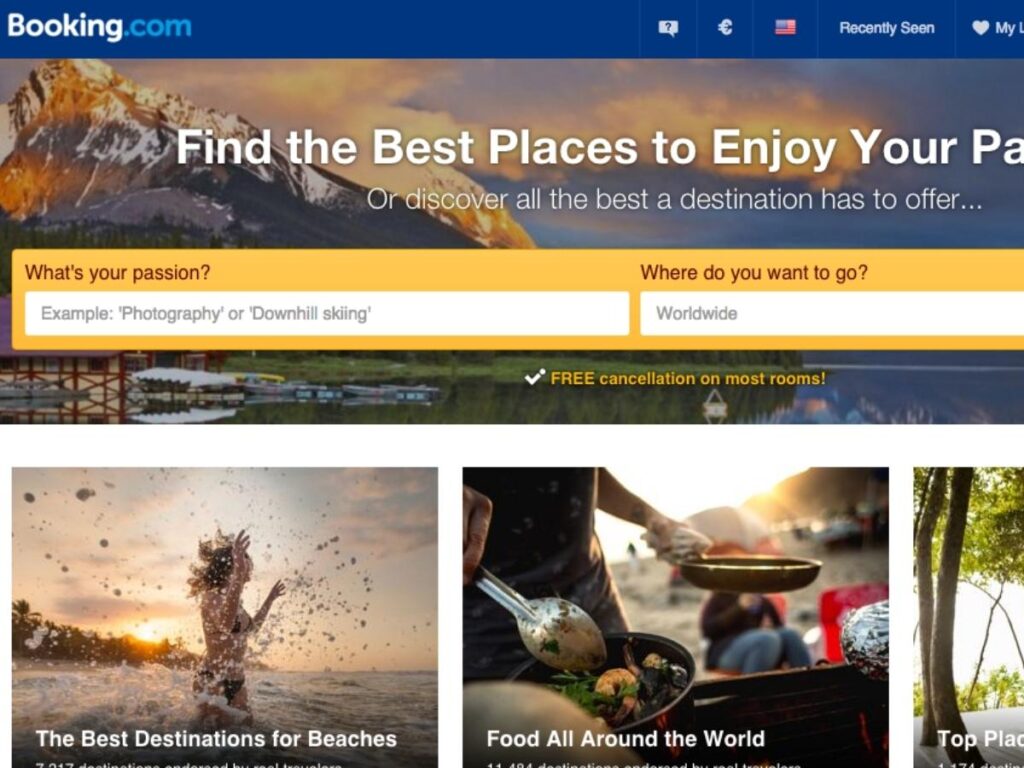 Booking.com interface showing flight and hotel bundle deals with discount pricing