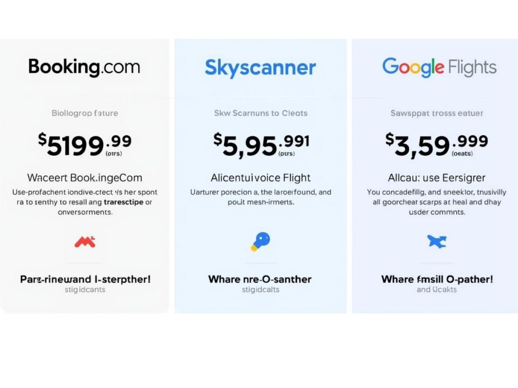 Woman comparing flight prices on laptop with phone showing Booking.com, Skyscanner, and Google Flights apps