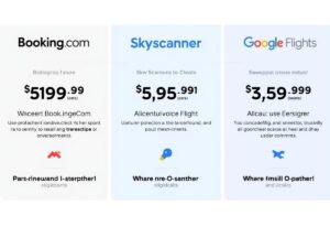 Woman comparing flight prices on laptop with phone showing Booking.com, Skyscanner, and Google Flights apps