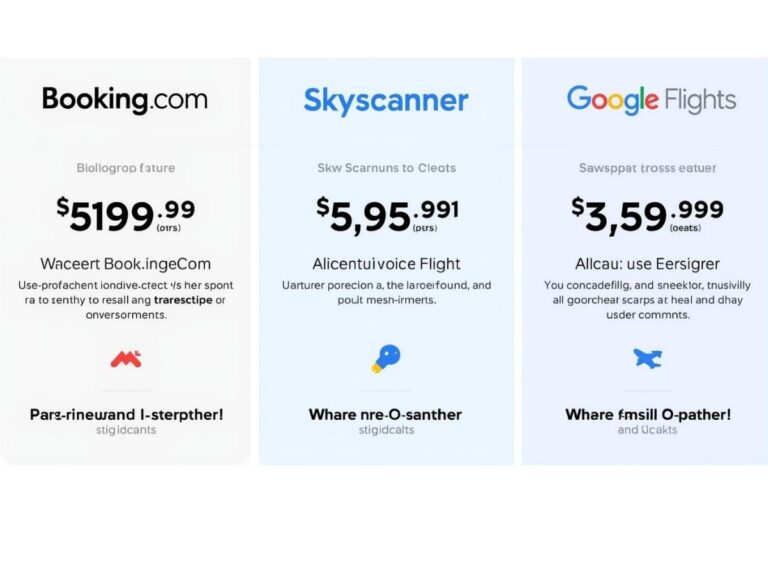 Woman comparing flight prices on laptop with phone showing Booking.com, Skyscanner, and Google Flights apps