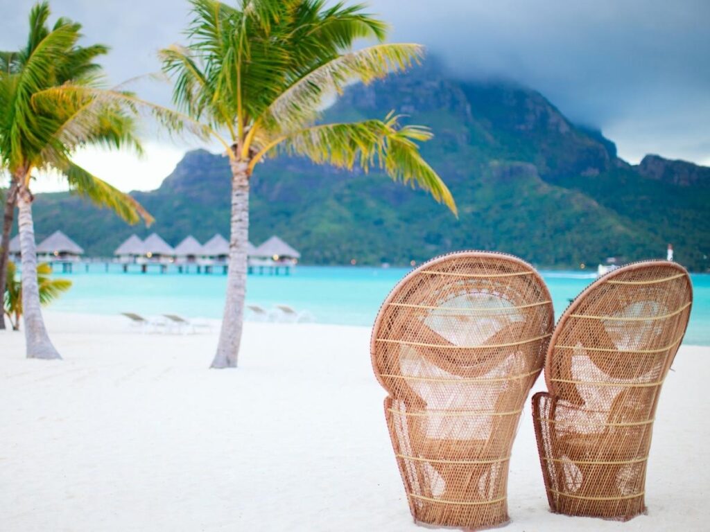 Overwater bungalows and crystal-clear turquoise lagoon in Bora Bora, French Polynesia