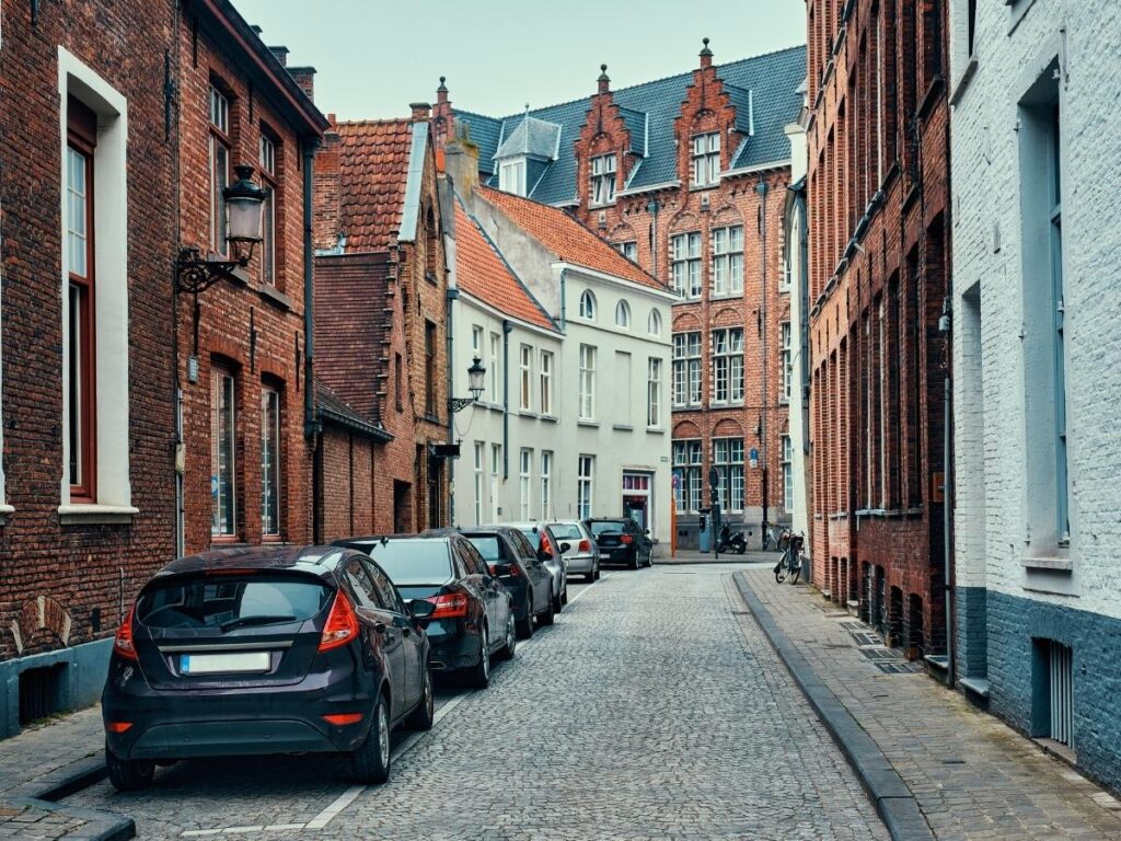 Medieval cobblestone streets and historic buildings in Bruges Belgium