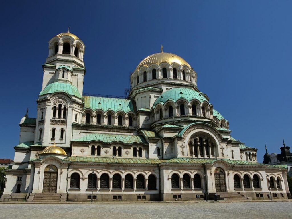 Alexander Nevsky Cathedral in Sofia Bulgaria with golden domes and tourists