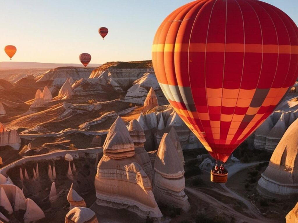 Hundreds of colorful hot air balloons over Cappadocia fairy chimneys at sunrise Turkey