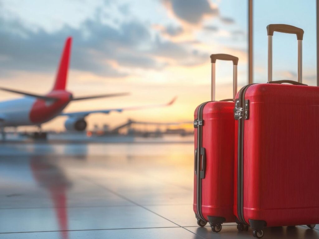 Traveler with carry-on luggage walking through modern airport terminal