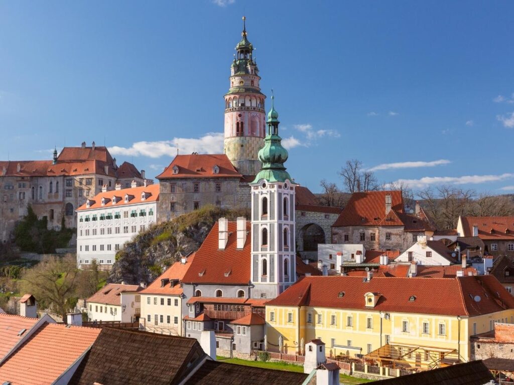 Český Krumlov castle overlooking red-roofed medieval town Czech Republic