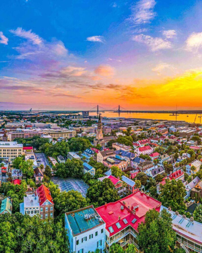 Pastel historic homes and palm trees in downtown Charleston South Carolina
