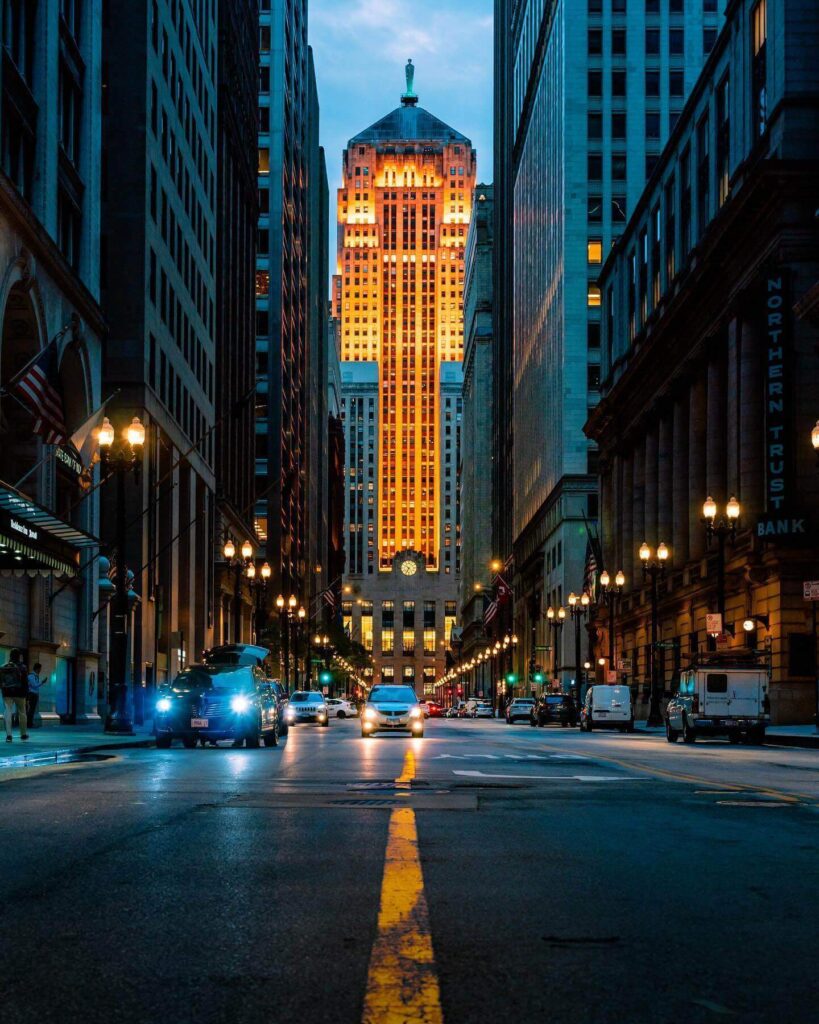 Chicago Board of Trade Building with pyramid roof in downtown Chicago