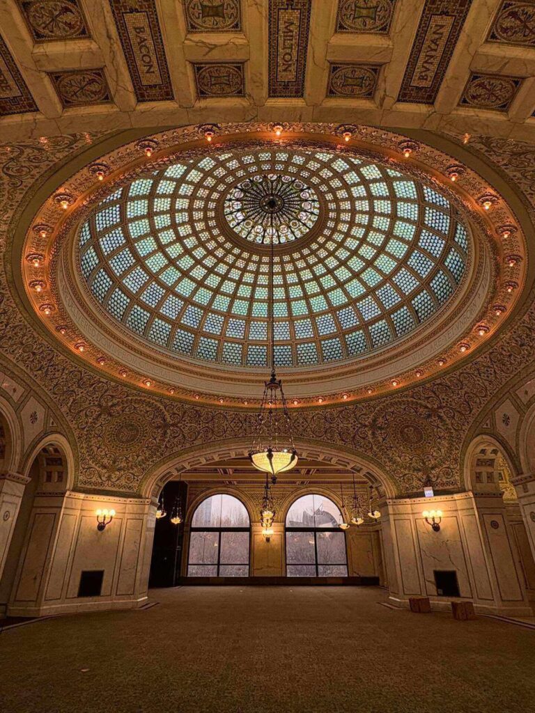 Tiffany glass dome ceiling inside the Chicago Cultural Center