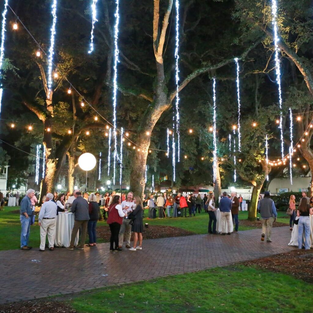 Cistern Yard with oak trees and historic buildings at College of Charleston