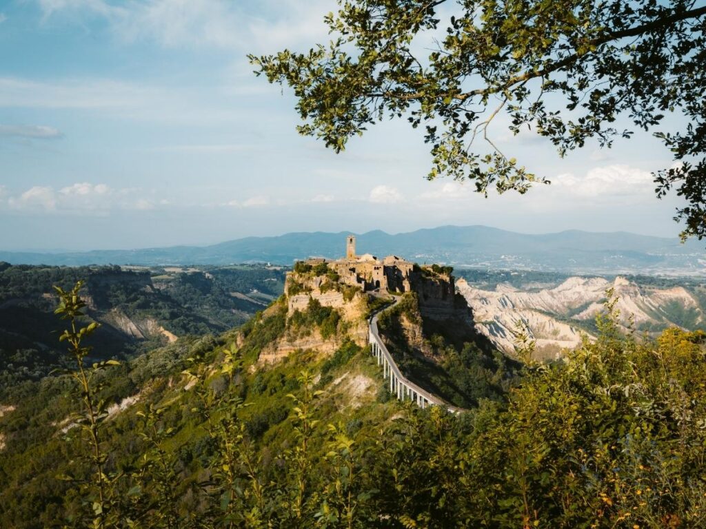 Ancient hilltop village of Civita di Bagnoregio connected by pedestrian footbridge