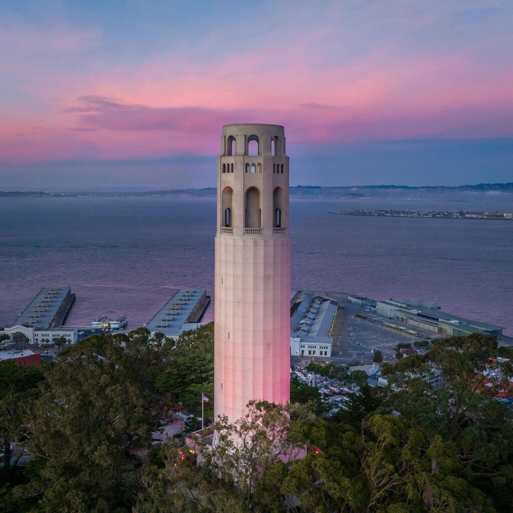 Coit Tower standing above San Francisco on Telegraph Hill