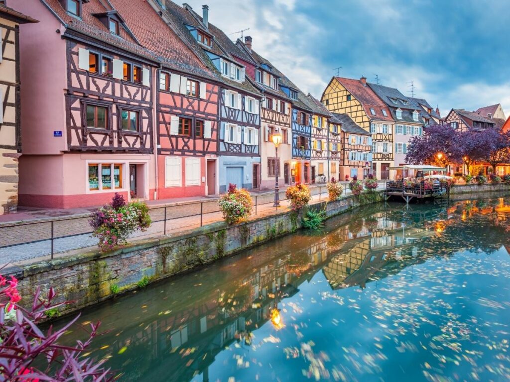 Colorful half-timbered houses along canals in Petite Venise neighborhood, Colmar, France