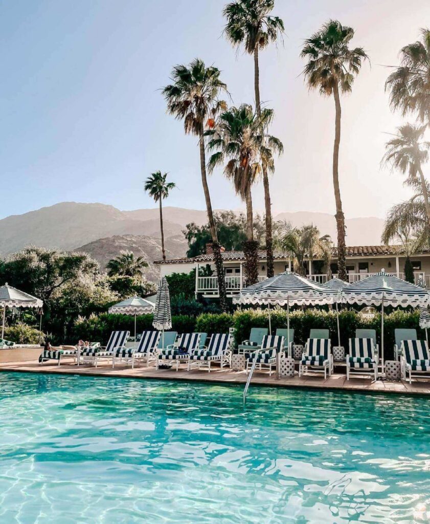 Pool area and palm trees at Colony Palms Hotel in Palm Springs