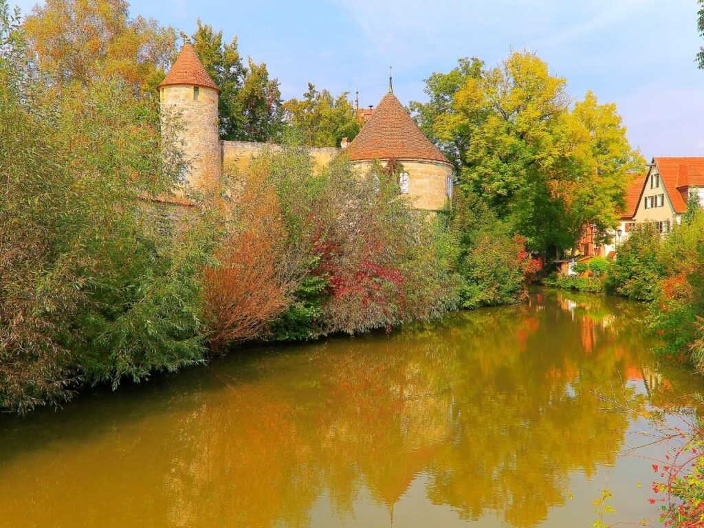Colorful town square and medieval walls in Dinkelsbühl, Romantic Road, Germany